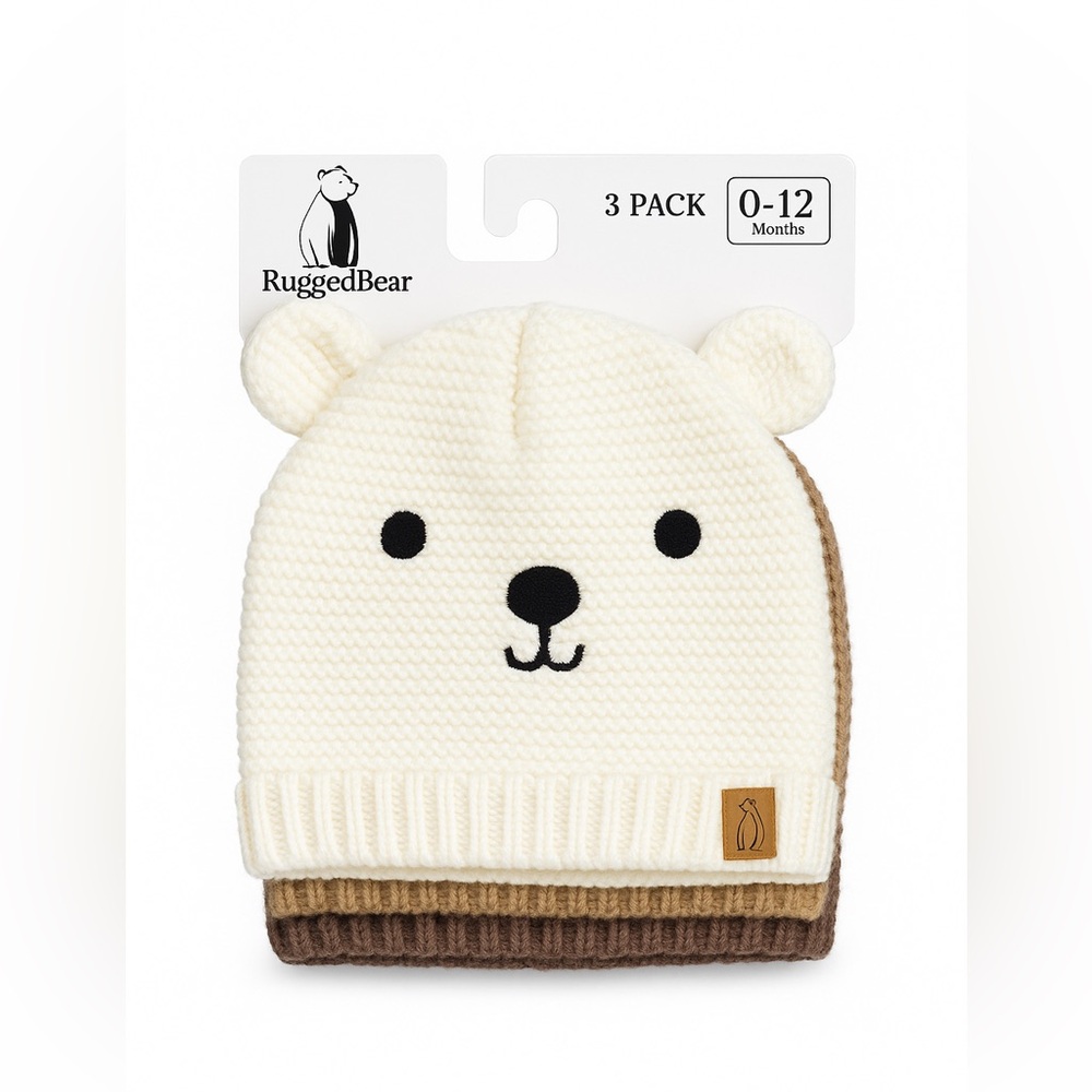 NWT Rugged Bear Baby Knit Hat Set | 3-Pack | 0–12 Months | Teddy Bear Design